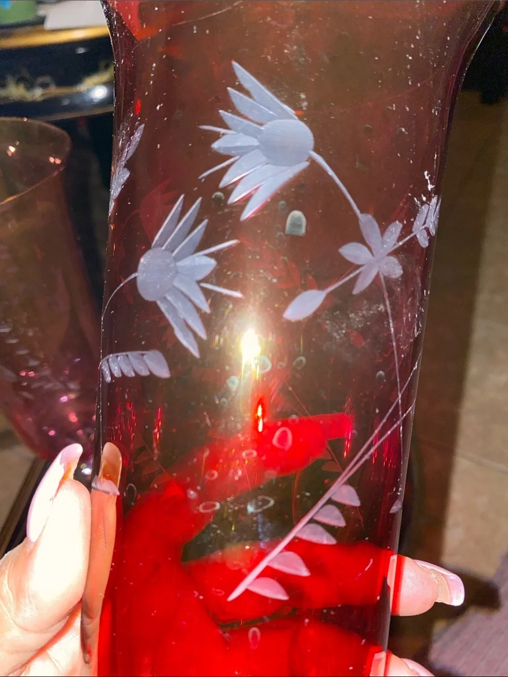 Vintage Hand-Etched Ruby and Rose Pink Glass Vases - Elegant Floral Design